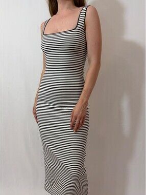 Chic Black and White Striped Square Neck Midi Dress